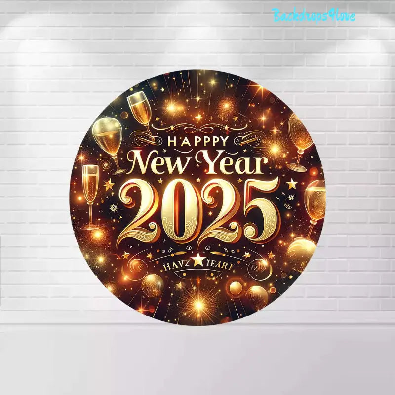Festive round Happy New Year 2025 backdrop with gold sparkles, champagne glasses, and a celebratory design.