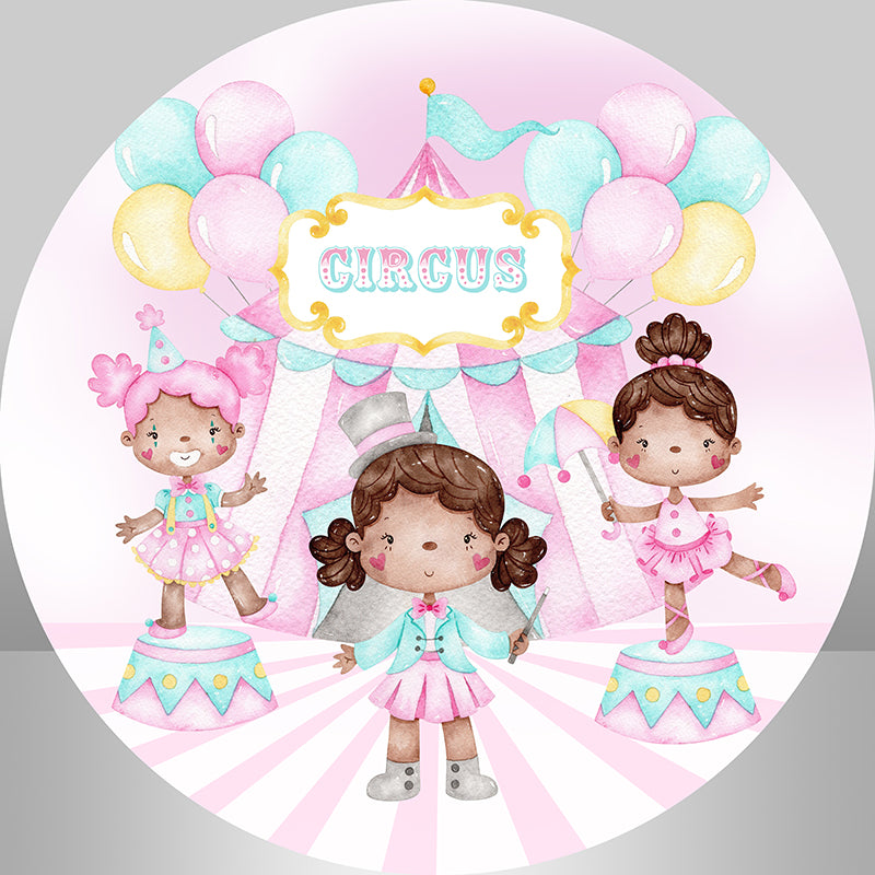 Round circus-themed backdrop with colorful balloons, circus tent, and cute circus characters for kids parties