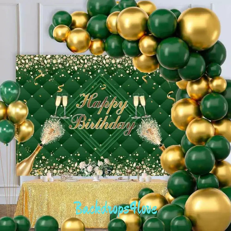 Green and Gold Happy Birthday Backdrop – Champagne Theme