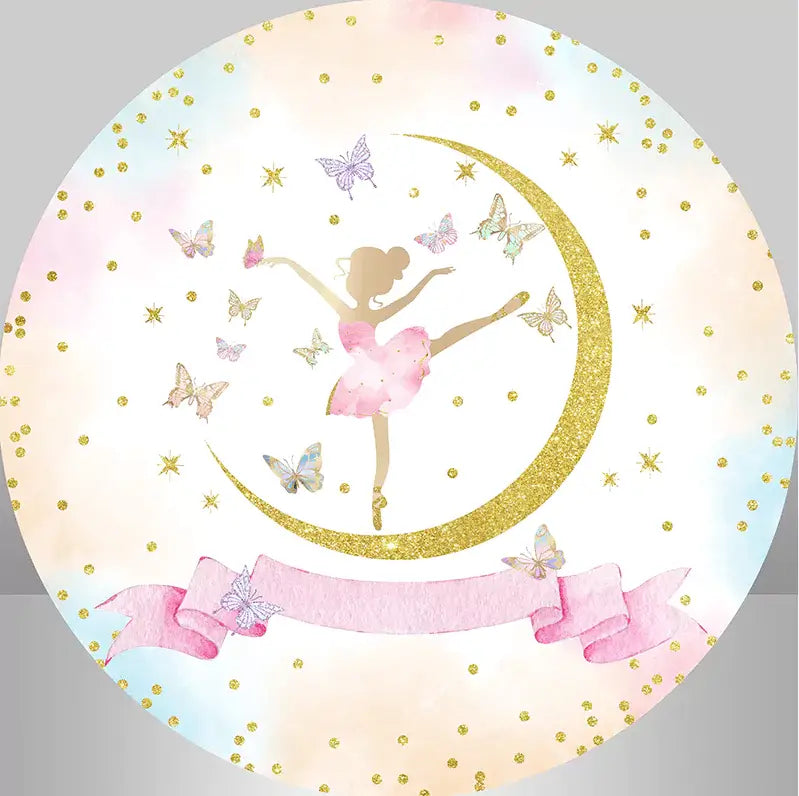 a round backdrop features butterflies golden moon glitter ballet girl