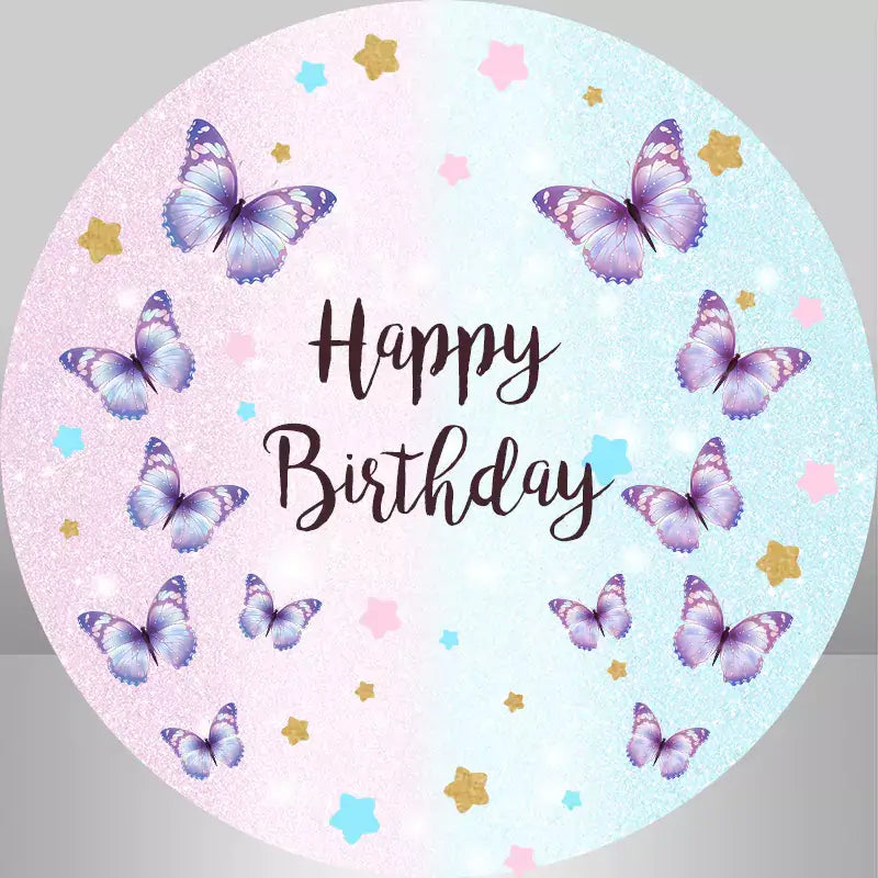 Round Happy Birthday backdrop with purple butterflies, glittery stars, and a pastel gradient background in pink and blue.
