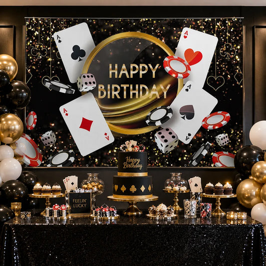 Black and gold casino Happy Birthday backdrop with playing cards, poker chips, dice and sparkling party details for an adult birthday celebration.