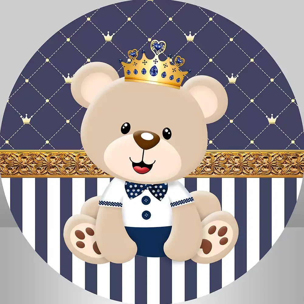dark blue round backdrop features a teddy bear prince with gold crown