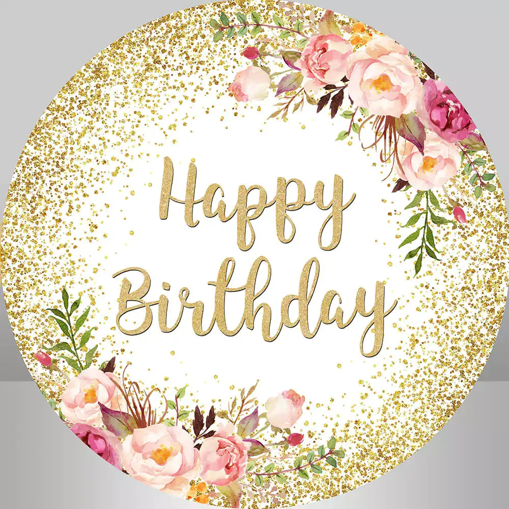 Round 'Happy Birthday' backdrop with gold glitter and pink floral design, ideal for birthday party decorations and photo booth background.