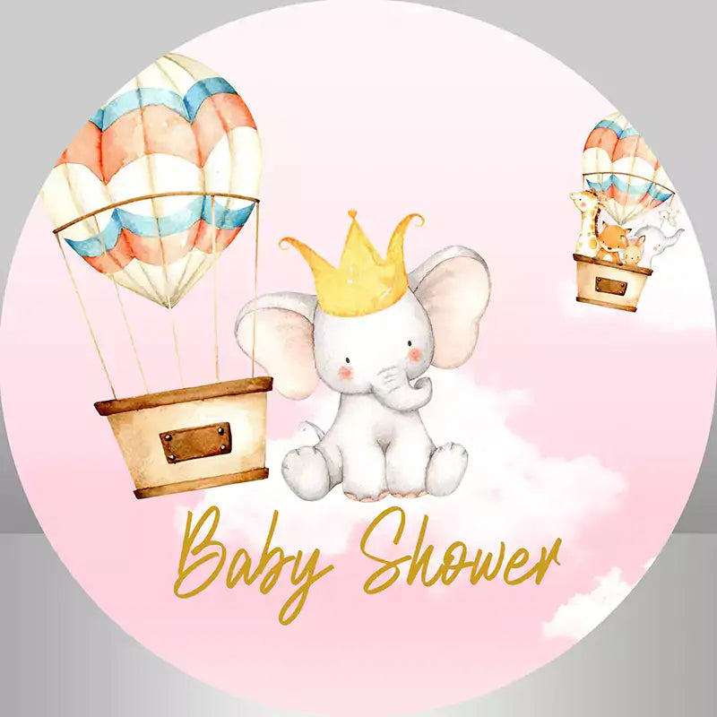 Hot Air Balloons and Baby Elephant with Gold Crown Girls Baby Shower Backdrop