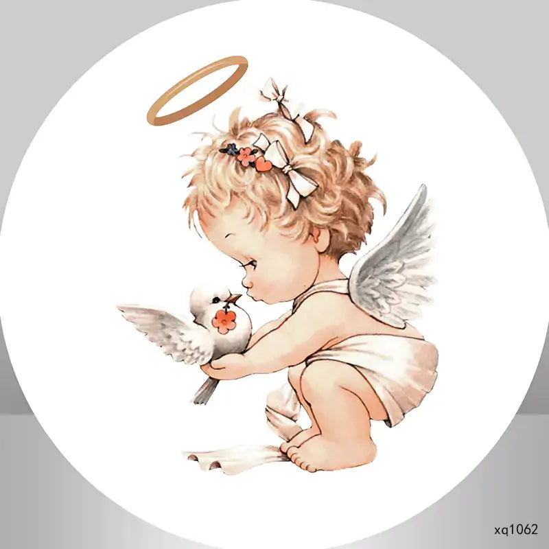 a round backdrop features a baby angel with golden halo holding a dove with a flower in its mouth