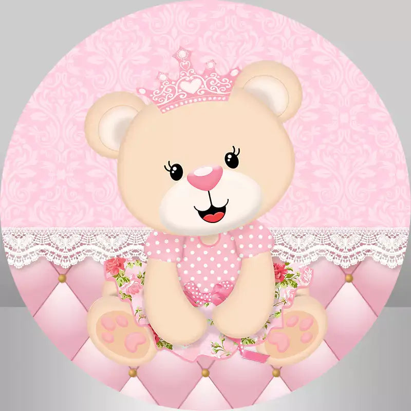 pink crown teddy bear princess birthday round backdrop