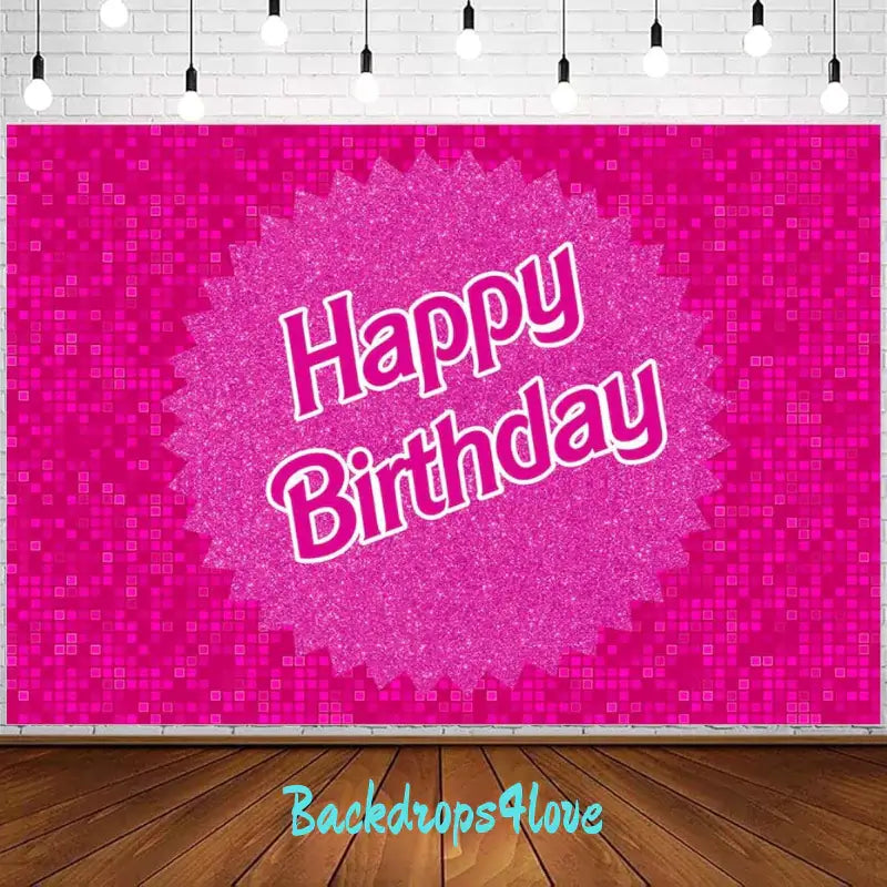 A bright pink glitter backdrop with large white 'Happy Birthday' text in the center. Perfect for glamorous birthday parties and photo booths.