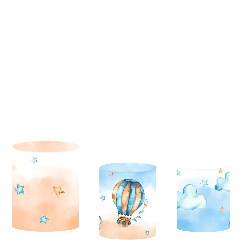 Airplane and Balloon Sky Blue Party Round Backdrop Cover Gold Stars Background Plinth Covers Elastic