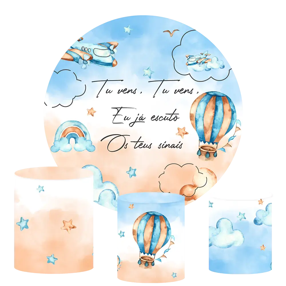 Airplane and Balloon Sky Blue Party Round Backdrop Cover Gold Stars Background Plinth Covers Elastic