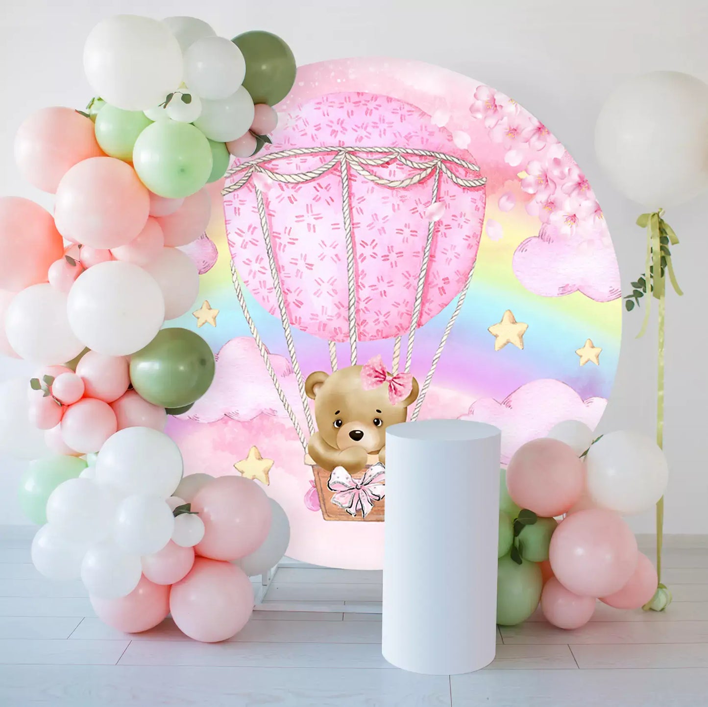 pink hot air balloon teddy bear round backdrop decorations