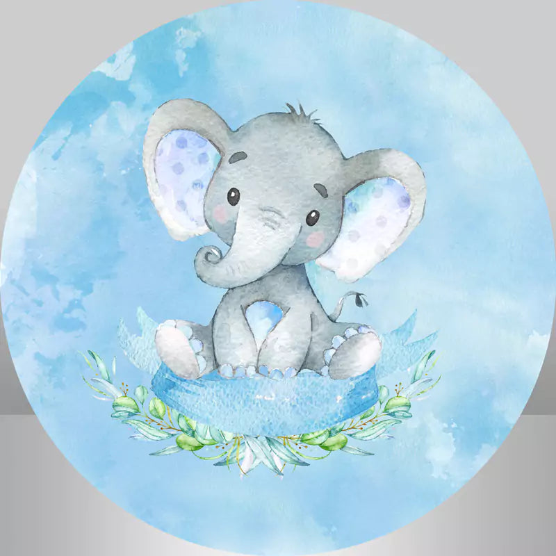 Cute blue elephant round backdrop with floral decorations, ideal for baby showers and nursery decor