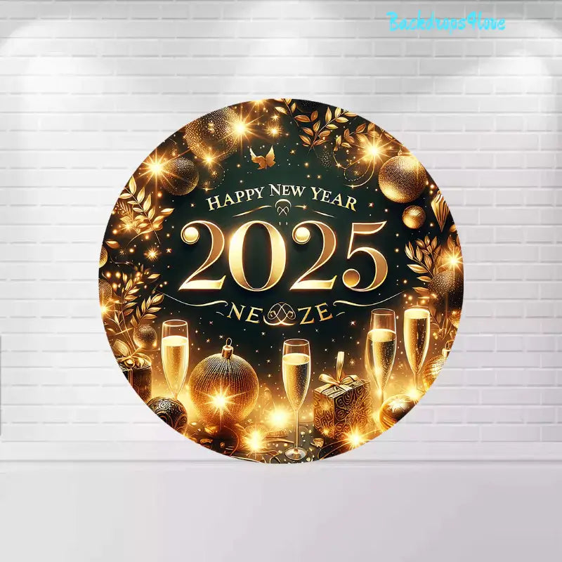 Black and gold round New Year 2025 backdrop featuring champagne flutes, gifts, sparkling ornaments, and decorative leaves.