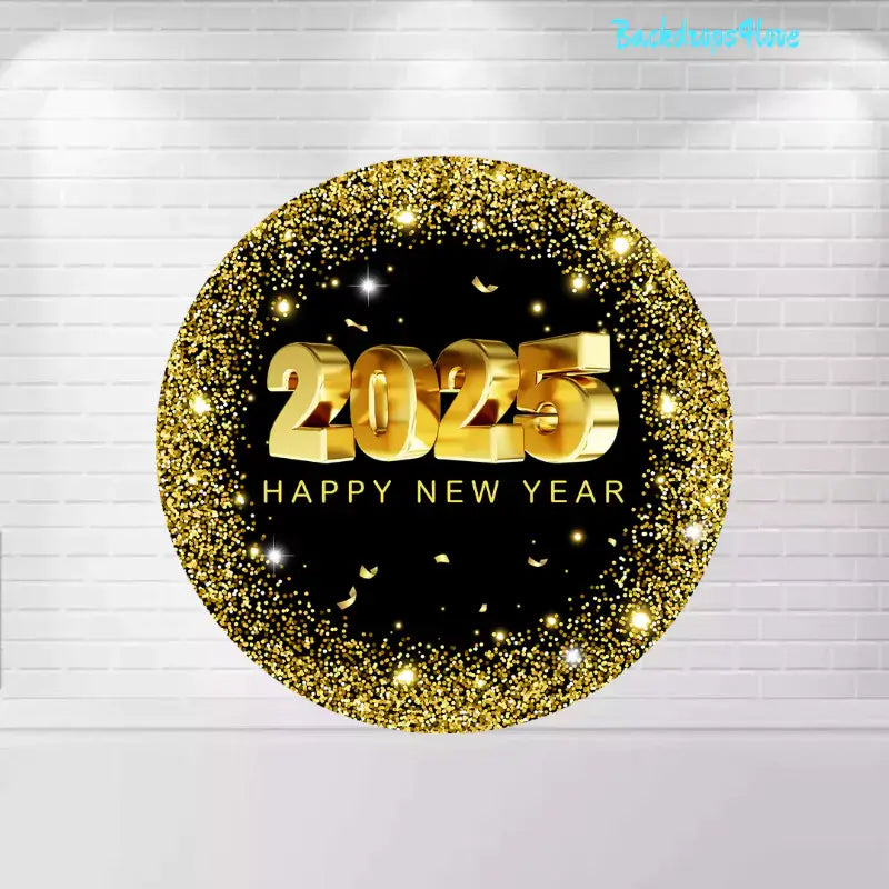 Round Happy New Year 2025 backdrop with a black background and gold glitter frame, featuring golden "2025" text and confetti.