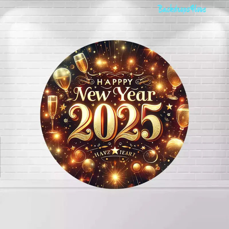 Festive round Happy New Year 2025 backdrop with gold sparkles, champagne glasses, and a celebratory design.