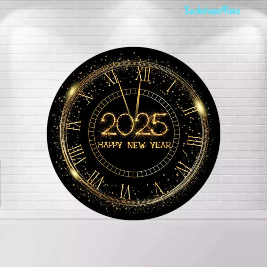 Elegant round photo backdrop with a gold clock motif and "Happy New Year 2025" in sparkler text for events and celebrations.