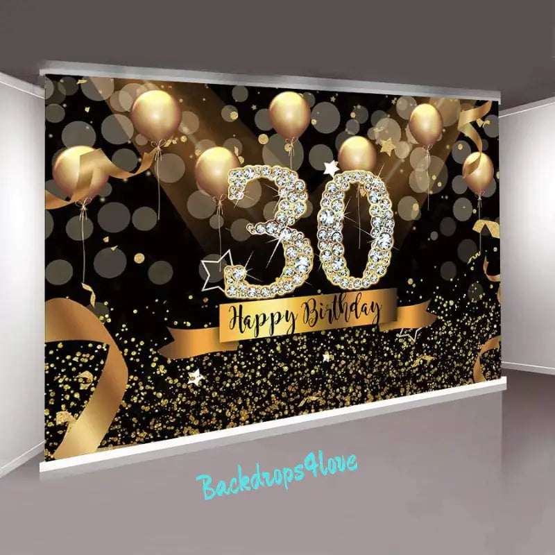 Elegant 30th birthday backdrop with a black and gold theme, featuring gold balloons, glittering confetti, and ‘Happy Birthday’ text – perfect for milestone celebrations and photo backgrounds.