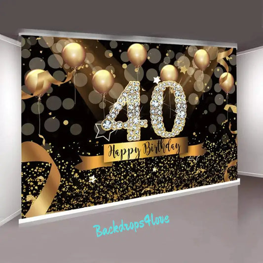 A glamorous 40th birthday backdrop featuring a jeweled '40', gold balloons, glitter, and a black background. Ideal for luxurious birthday parties and milestone celebrations.