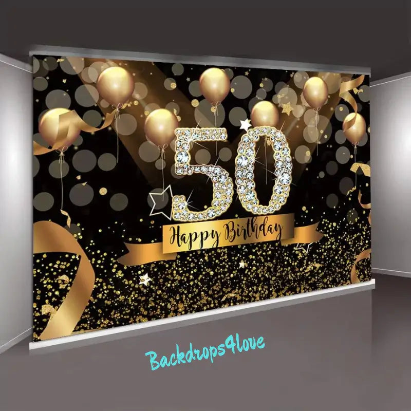 Luxurious 50th birthday party backdrop with gold balloons, glitter, and a jeweled '50' design, perfect for milestone birthday parties and glamorous event decor.