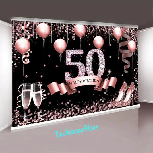 Elegant 50th birthday backdrop in black and pink, featuring pink balloons, glittering high heels, champagne glasses, and a ‘Happy Birthday’ banner – perfect for milestone celebrations and photo backgrounds.