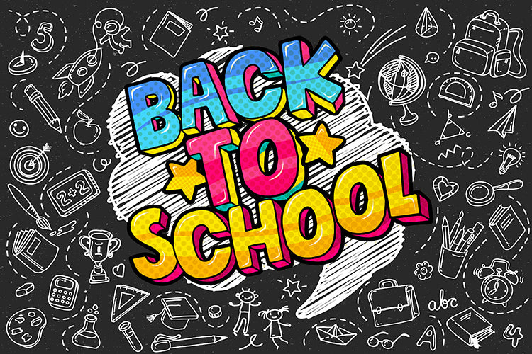 Vibrant chalkboard style Back to School backdrop, ideal for classroom decor and school parties