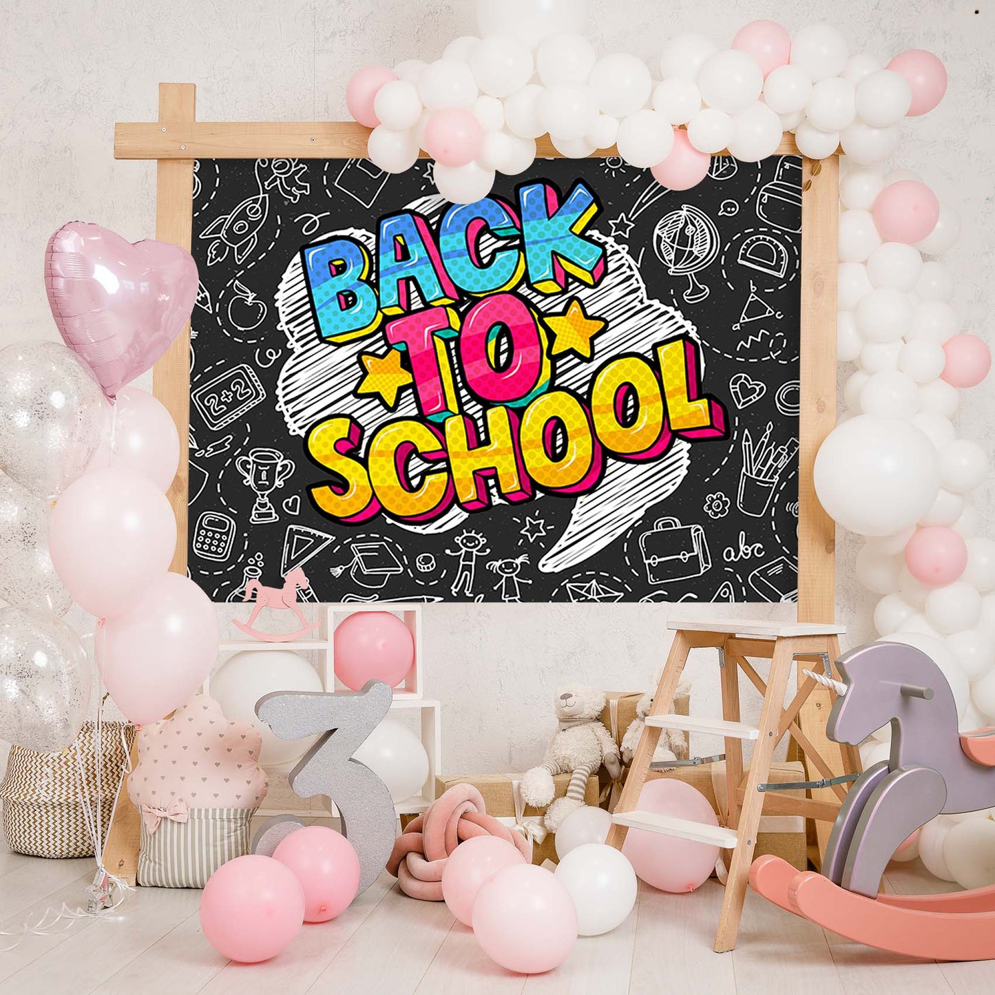 Colorful Back to School backdrop with fun and educational designs, perfect for school events and photoshoots