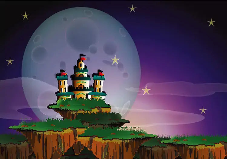 Mystical castle in moonlight backdrop with a starry night sky, ideal for fantasy celebrations and photoshoots