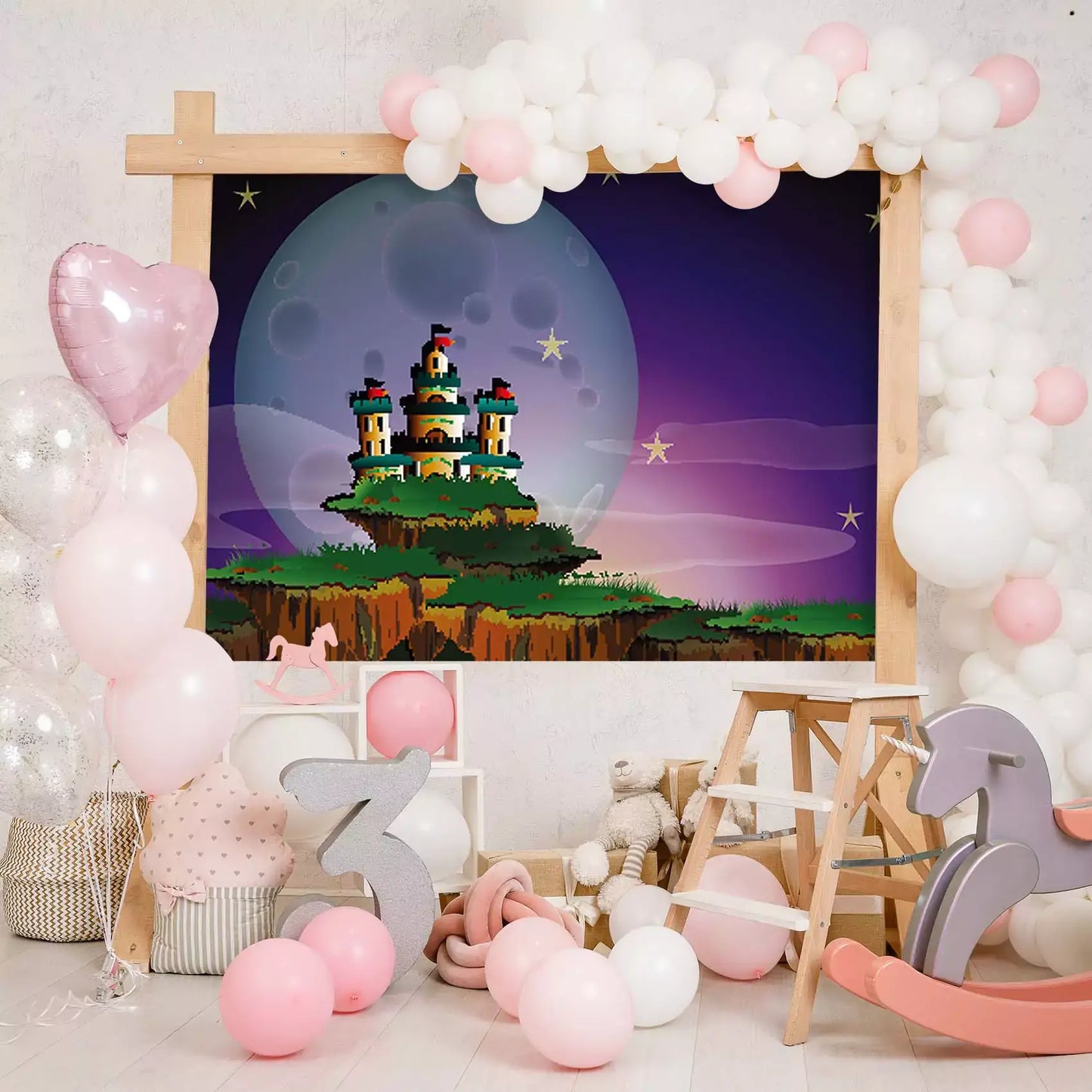 Fantasy castle night backdrop with a mystical castle under the moonlight, perfect for themed parties