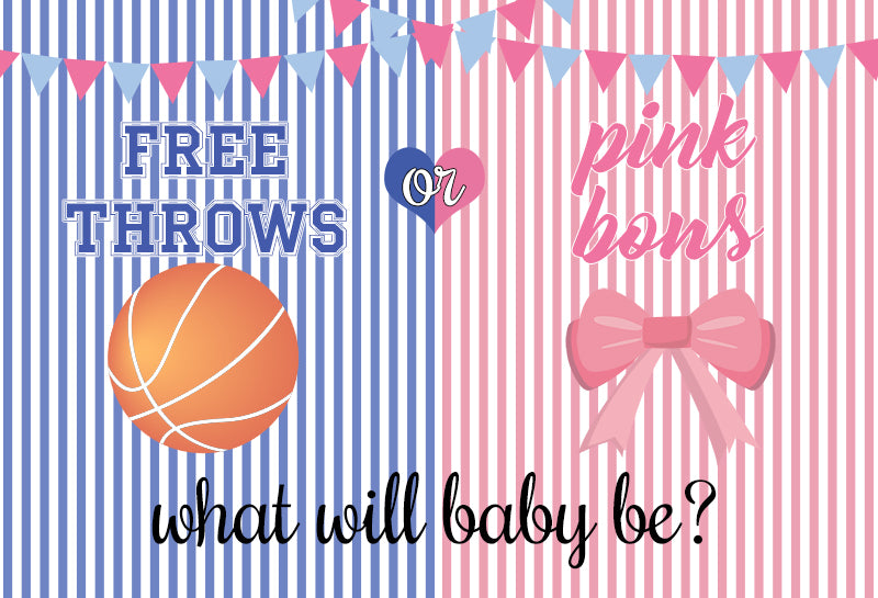 a free throws or pink bows theme gender reveal backdrop features blue and pink striped and what will baby be text