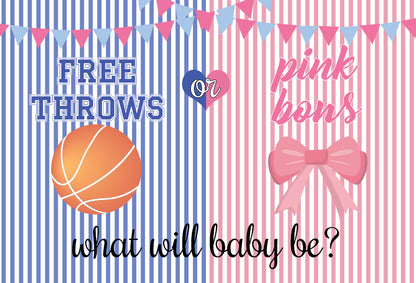 a free throws or pink bows theme gender reveal backdrop features blue and pink striped and what will baby be text