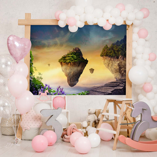 Fantasy floating islands backdrop with lush vegetation and castles, perfect for themed parties