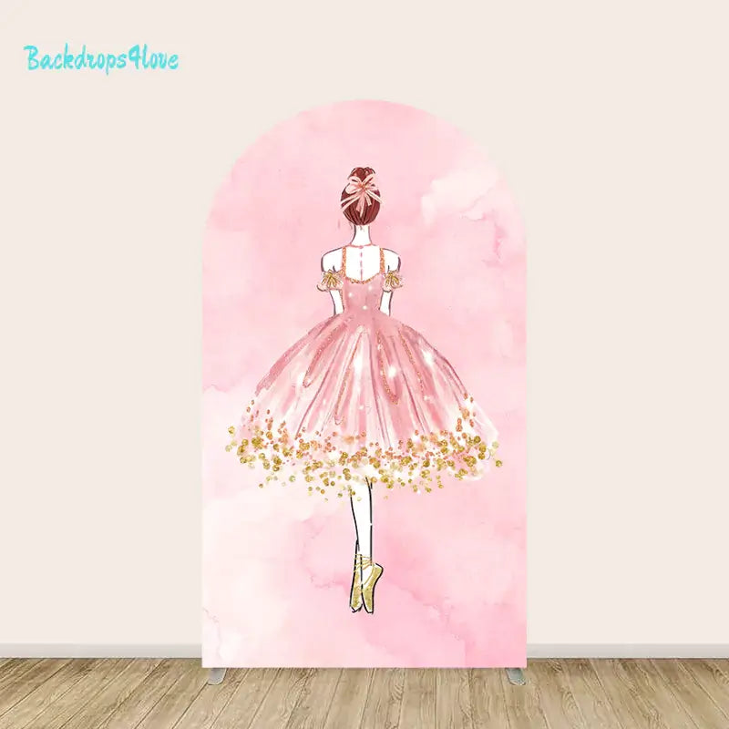 A pink arched backdrop featuring an elegant illustration of a ballerina from behind, wearing a sparkling pink tutu adorned with gold accents. The ballerina is poised on golden pointe shoes, with her hair styled in a neat bun and tied with a bow. The background has a soft pink watercolor texture, creating a graceful and artistic atmosphere. Perfect for dance-themed events or decor.