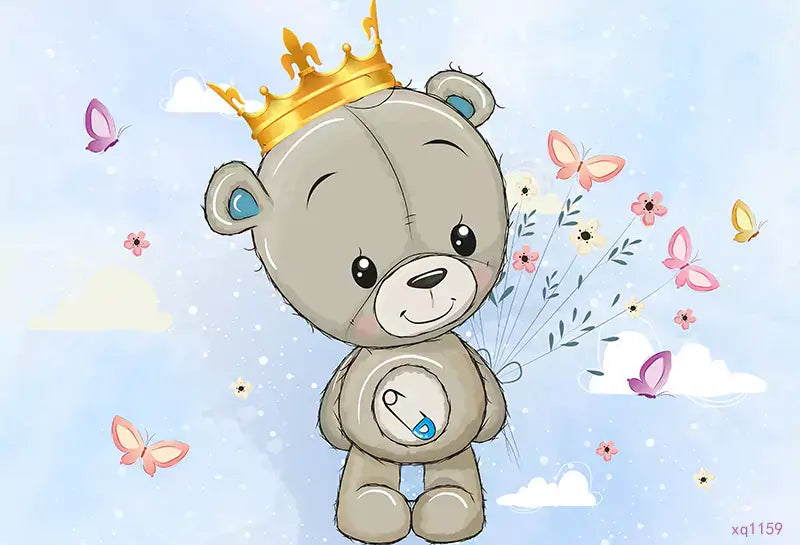 a photography backdrop features a cute bear with crown and surrounded by butterflies