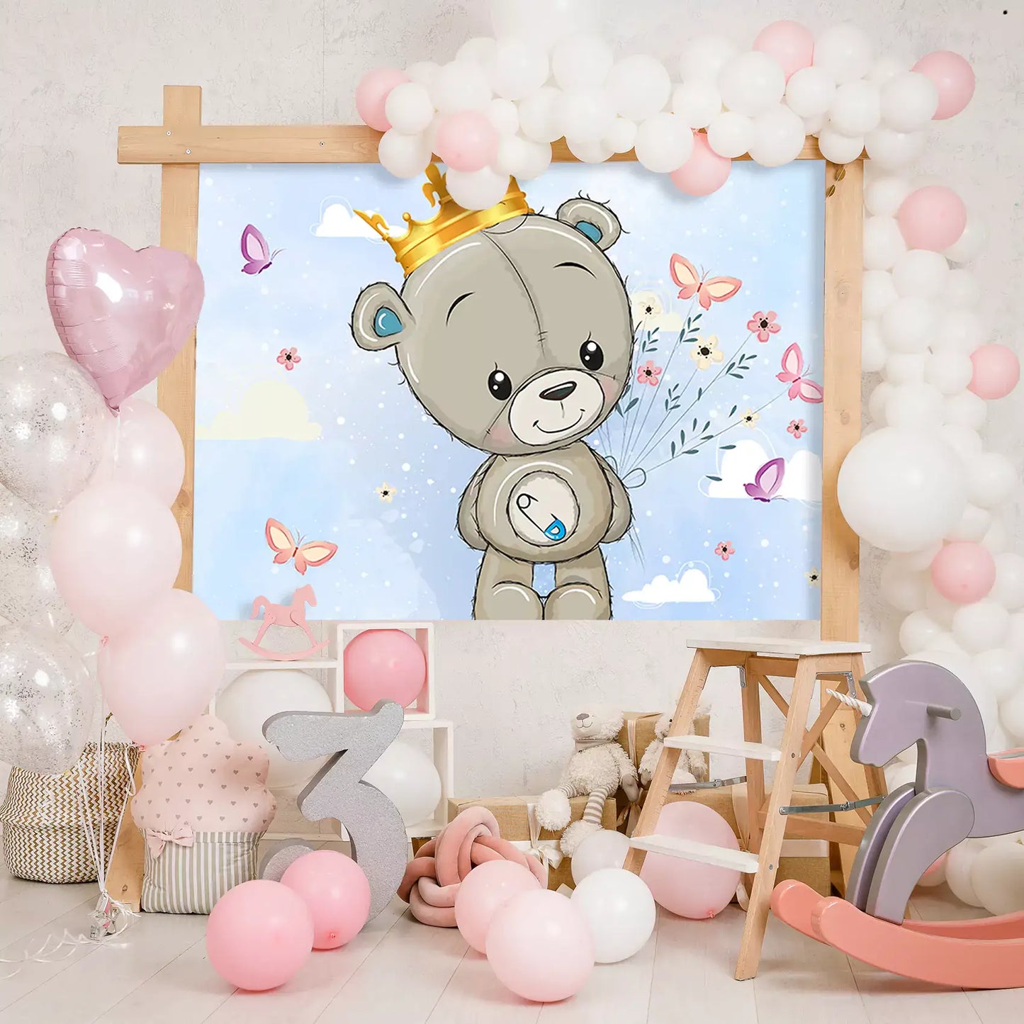 cute bear with a crown and butterflies baby shower photography backdrop decorations