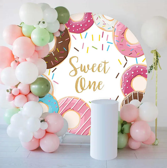 Sweet One donut-themed round birthday backdrop with colorful donuts and festive design, perfect for first birthdays