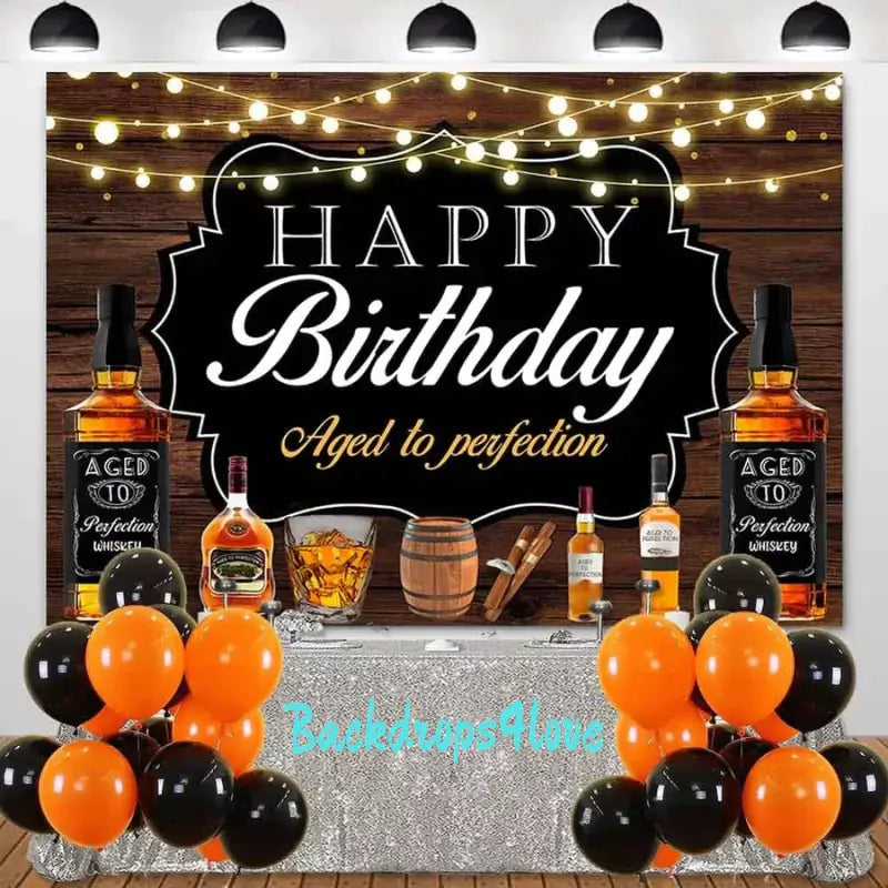 Whiskey-themed birthday backdrop featuring a 'Happy Birthday' message with string lights and bar decor.