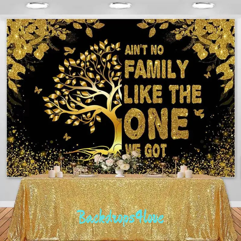 Elegant family tree backdrop with gold accents, butterflies, and a celebration theme for parties and reunions.