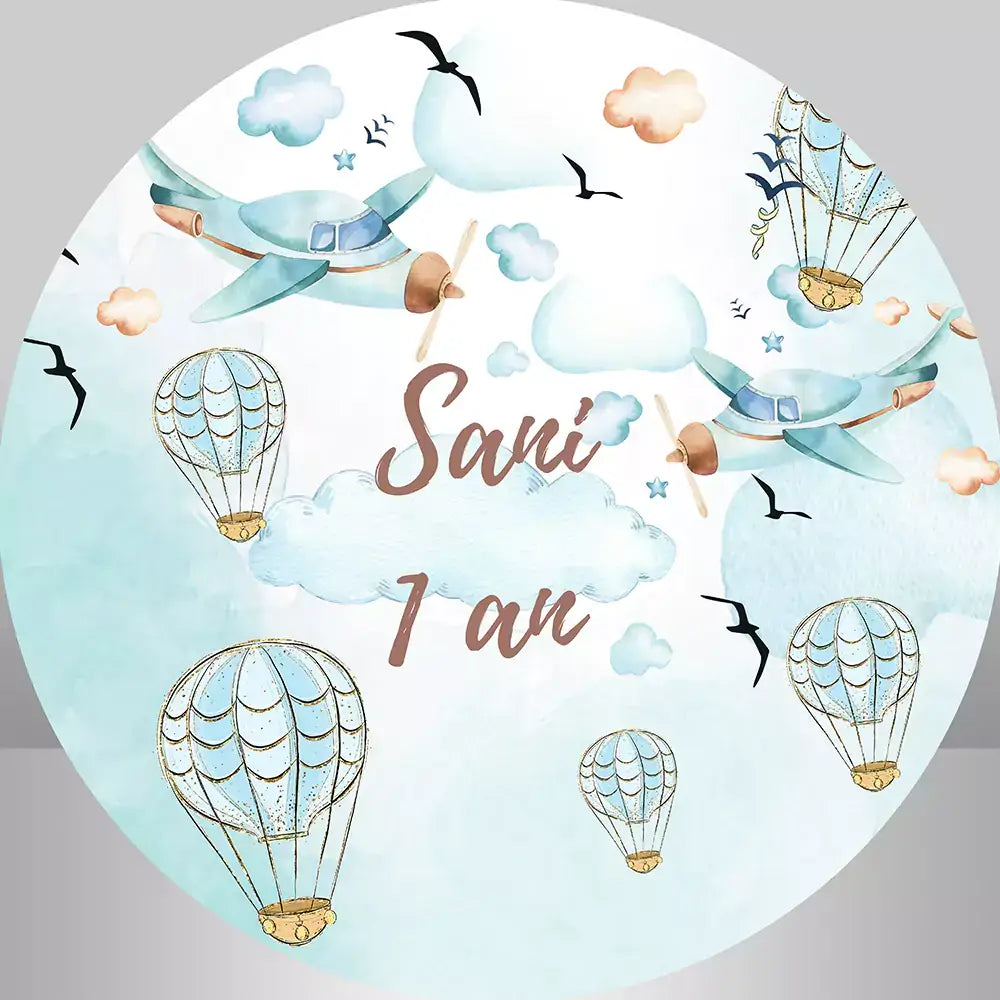 airplanes hot air balloons in the sky birthday round backdrop cover