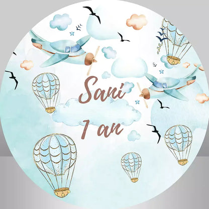 airplanes hot air balloons in the sky birthday round backdrop cover