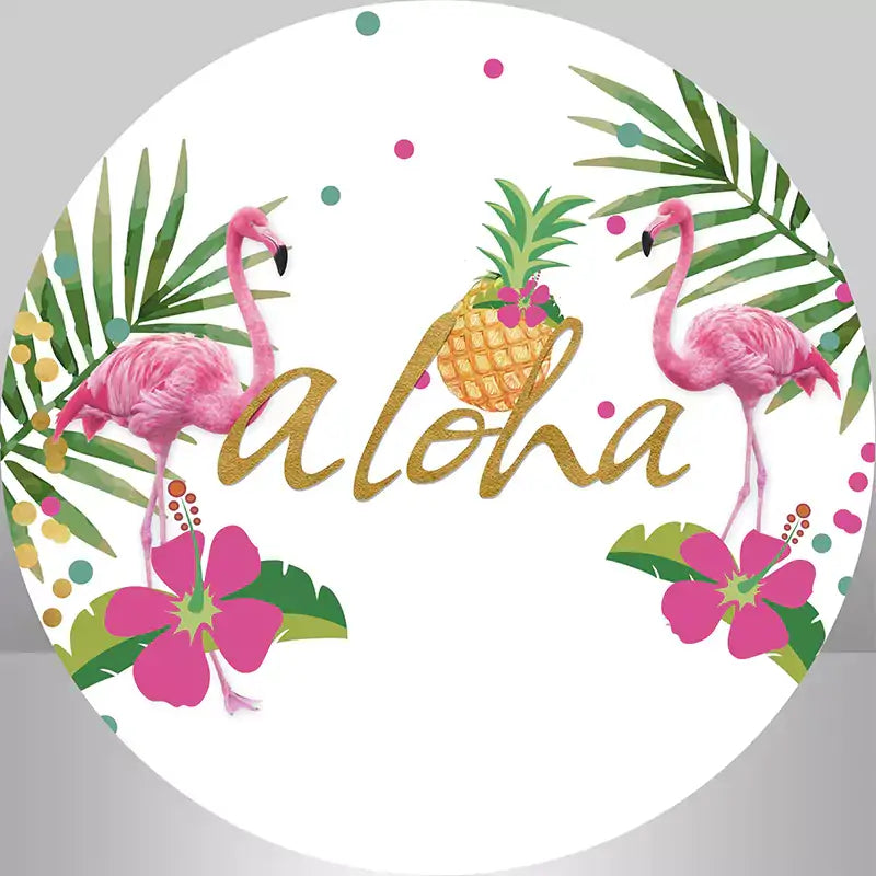 Tropical Aloha party round backdrop featuring flamingos, pineapple, and colorful decorations, ideal for Hawaiian-themed celebrations