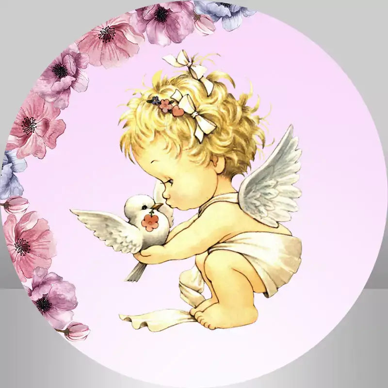 a pink floral baby shower round backdrop features baby angel and dove