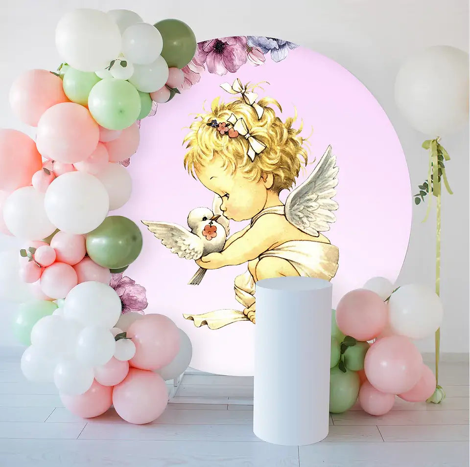 angel baby and bird pink floral baby shower round backdrop decorations