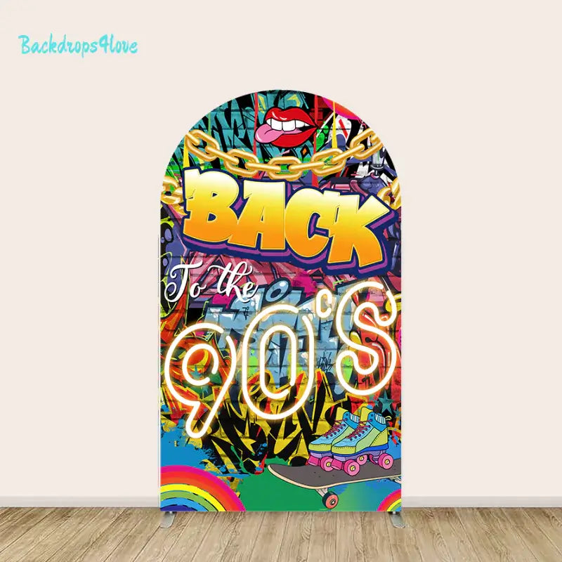 Center panel of the 90s backdrop set, showcasing "Back to the 90s" neon text with colorful graffiti and retro elements.