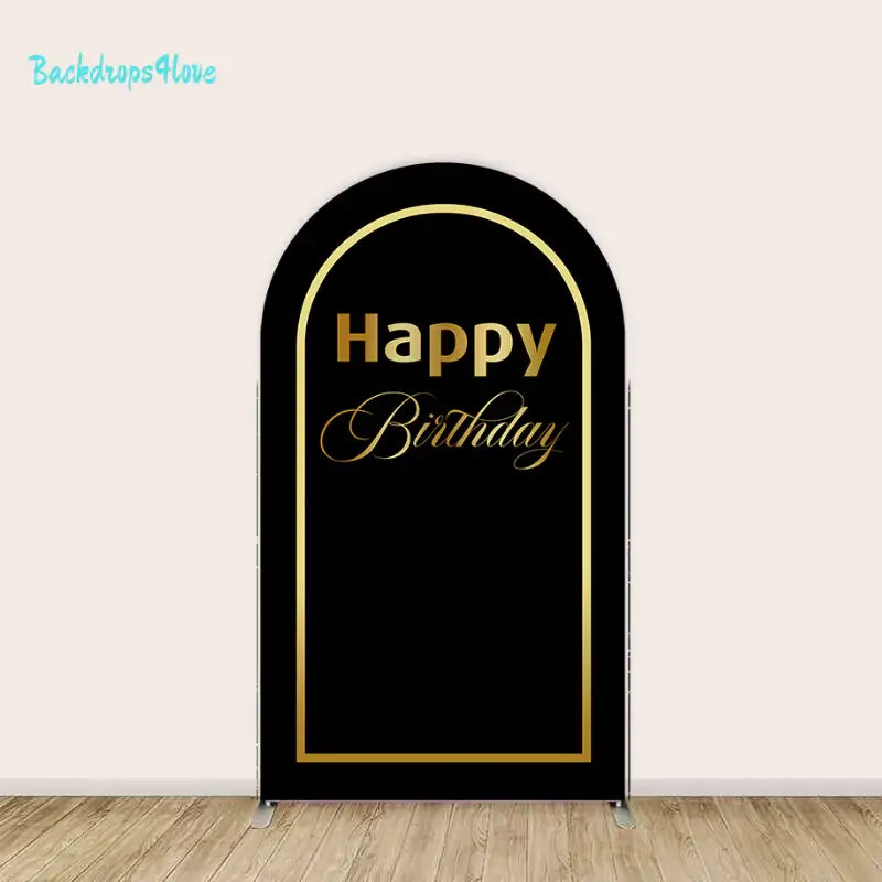 Center panel of the black marble backdrop set, showcasing "Happy Birthday" text with gold accents for a sophisticated look.