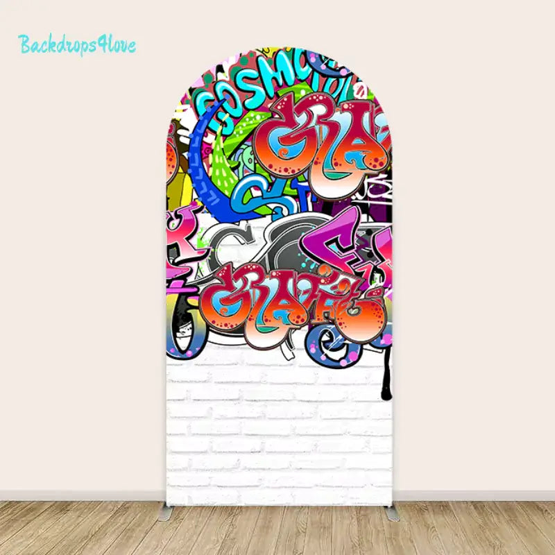 Right panel of the graffiti backdrop set, designed with vibrant graffiti art on a white brick wall background.