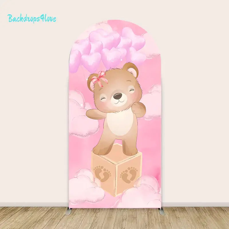 Teddy bear with pink heart balloons on the right arch panel