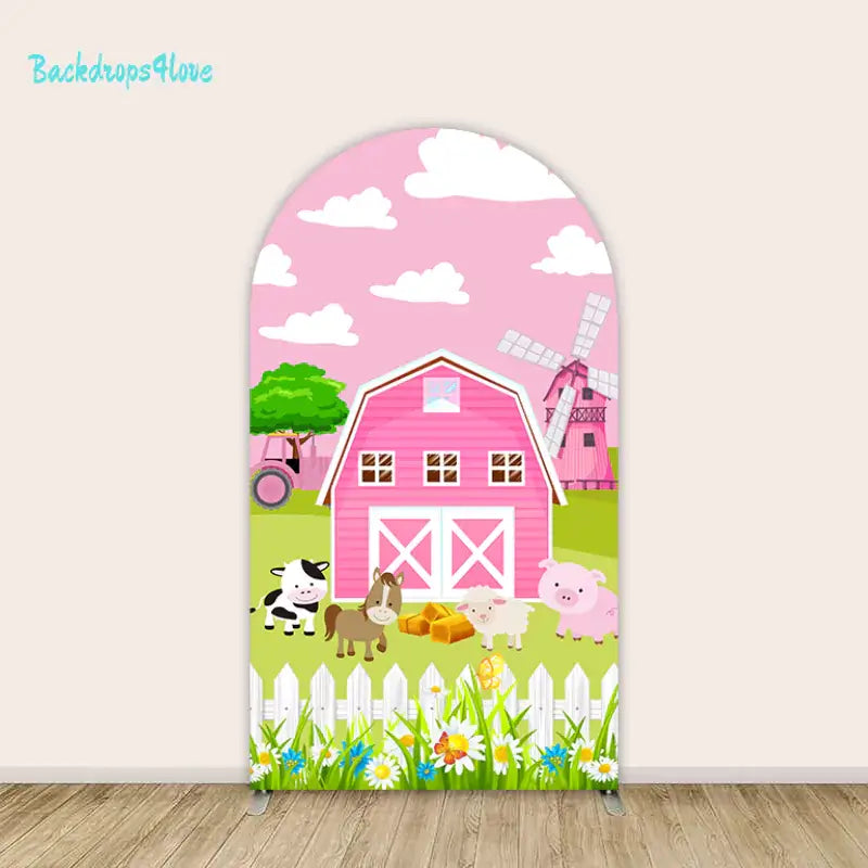 Middle arch panel featuring a pink barn with farm animals and a windmill.