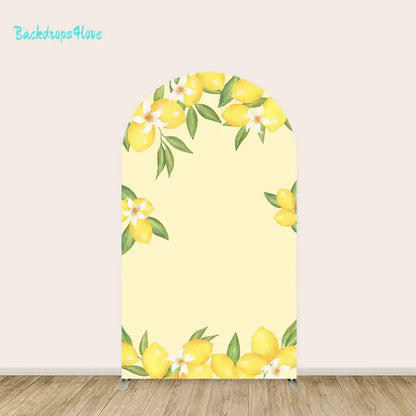 Middle arch panel featuring a simple yellow background with lemon and floral designs