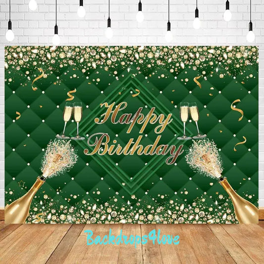 Green and Gold Happy Birthday Backdrop – Champagne Theme