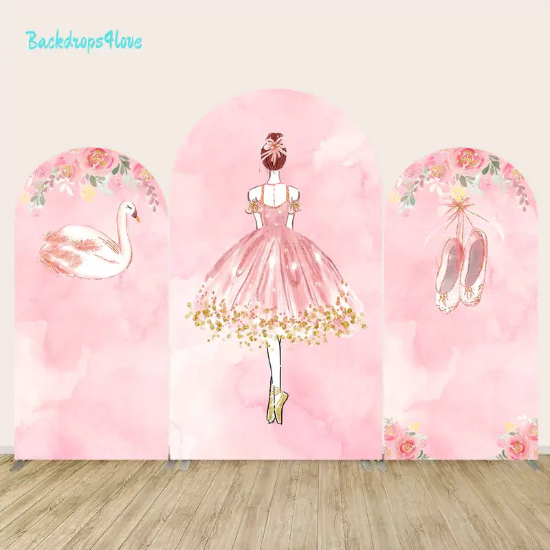 Three-piece pink arched backdrop set featuring a swan with floral accents, an elegant ballerina in a pink dress, and hanging ballet shoes, all in a soft watercolor design